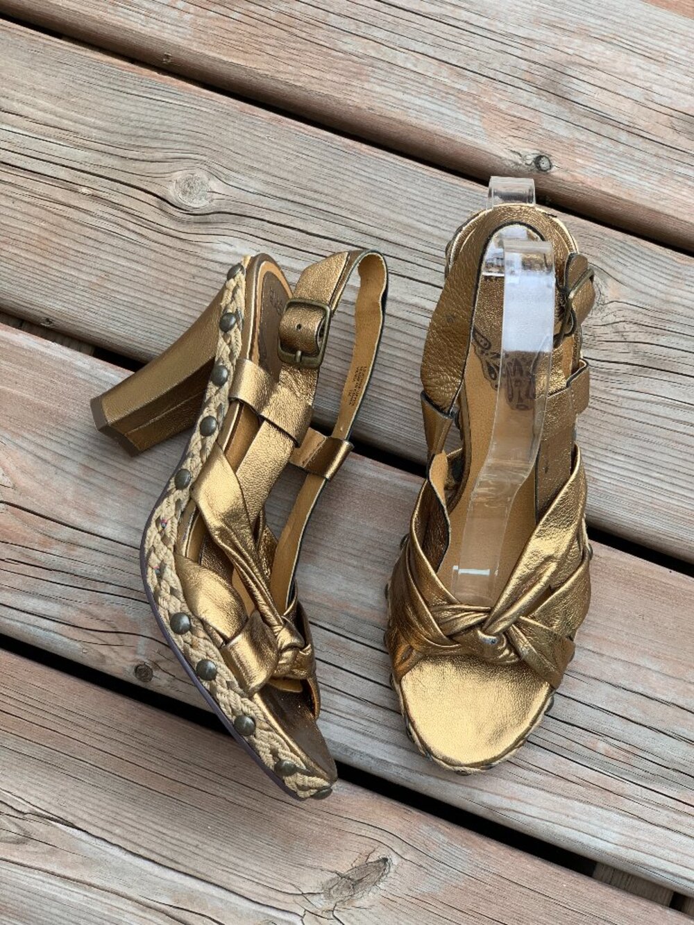 Hilary Radley Sandals 7 Metallic Gold Strappy Studded High Heel Shoes Boho Y2K